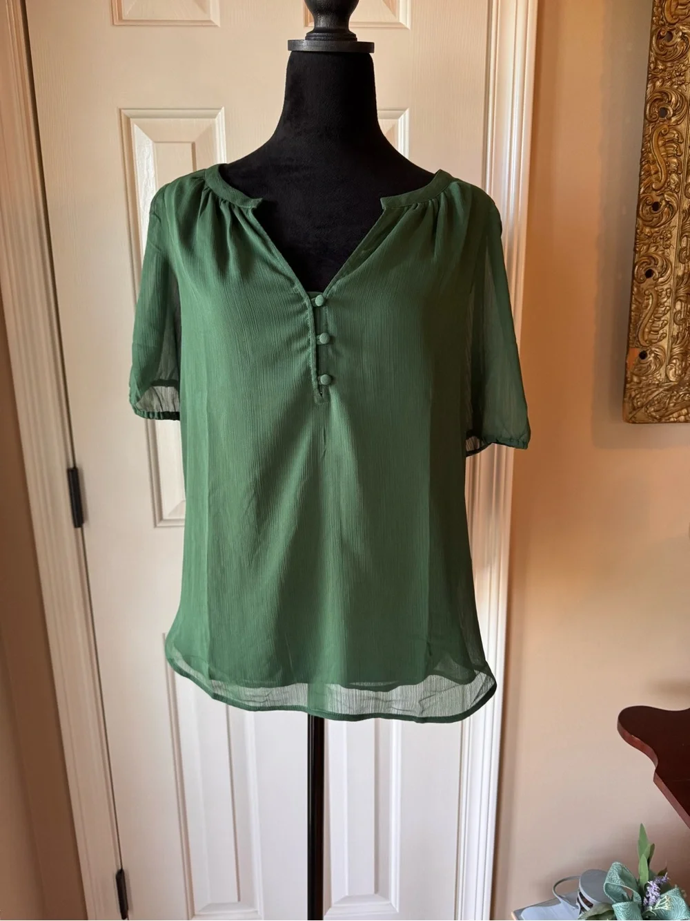 LOFT Green Short-Sleeve V-Neckline Blouse - Sz medium - NWT - Picture 3 of 10